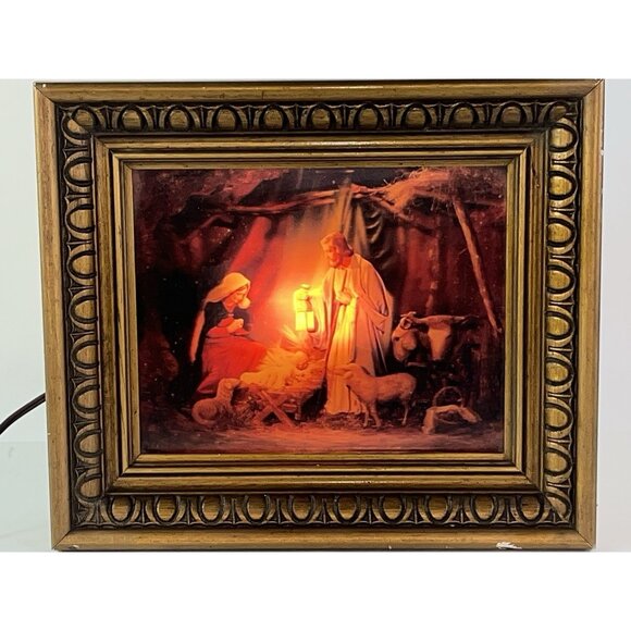 Vtg Lenticular 3 D Picture Light Up Jesus Mary Joseph Nativity Scene MCM Lit Up - Picture 1 of 15